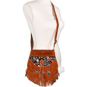 Brown Suede Fringe Strap Cut Out Floral Embroidery Crossbody Bag Pockets Boho